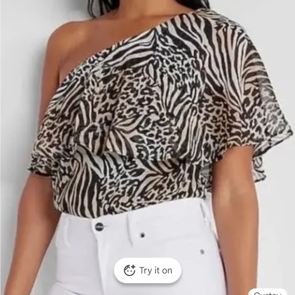 Express X Rachel Zoe draped One-Shoulder ruffle Animal Print bodysuit top XL